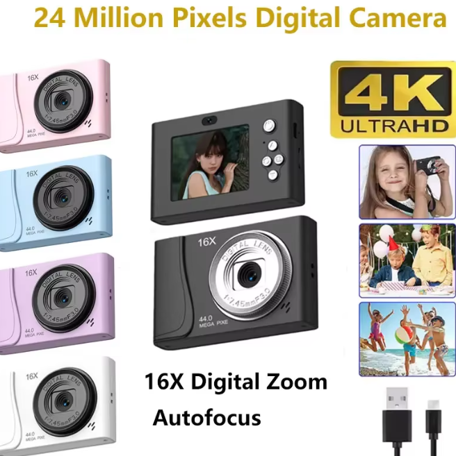 Retro CCD 24 Million Pixels Camcorder 4K Digital Camera 16x Zoom Compact Cameras Auto Focus for Adult Beginners Kids Photograph